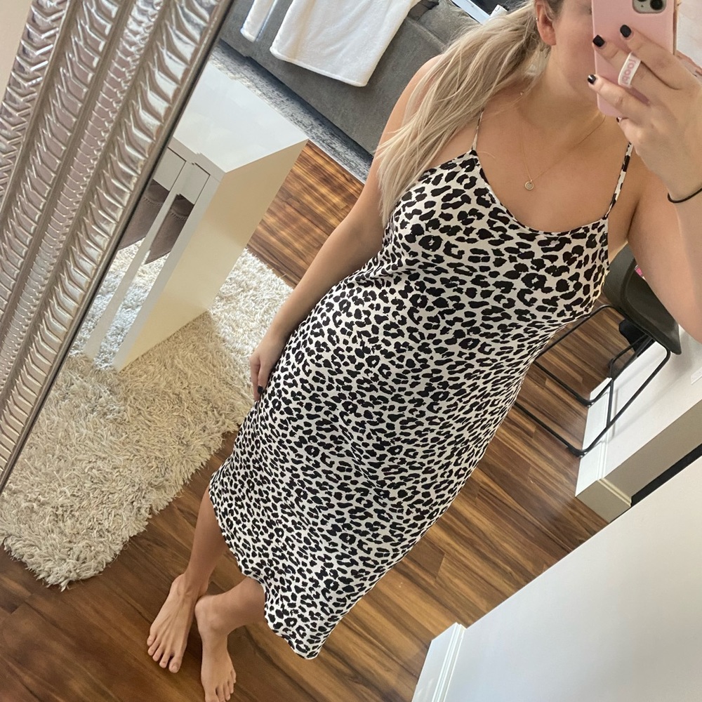 Silky leopard animal print midi dress slip dress